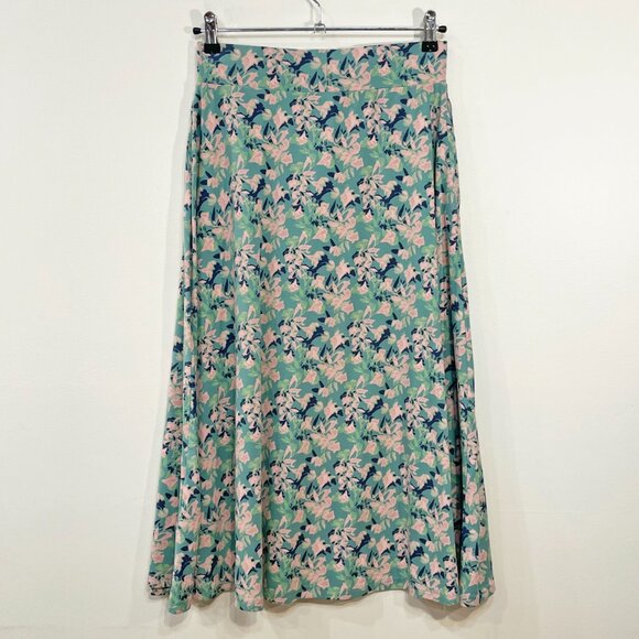 New Pact Stretch Cotton Floral Knit Midi Skirt Jade Green Pink Small - Picture 4 of 8